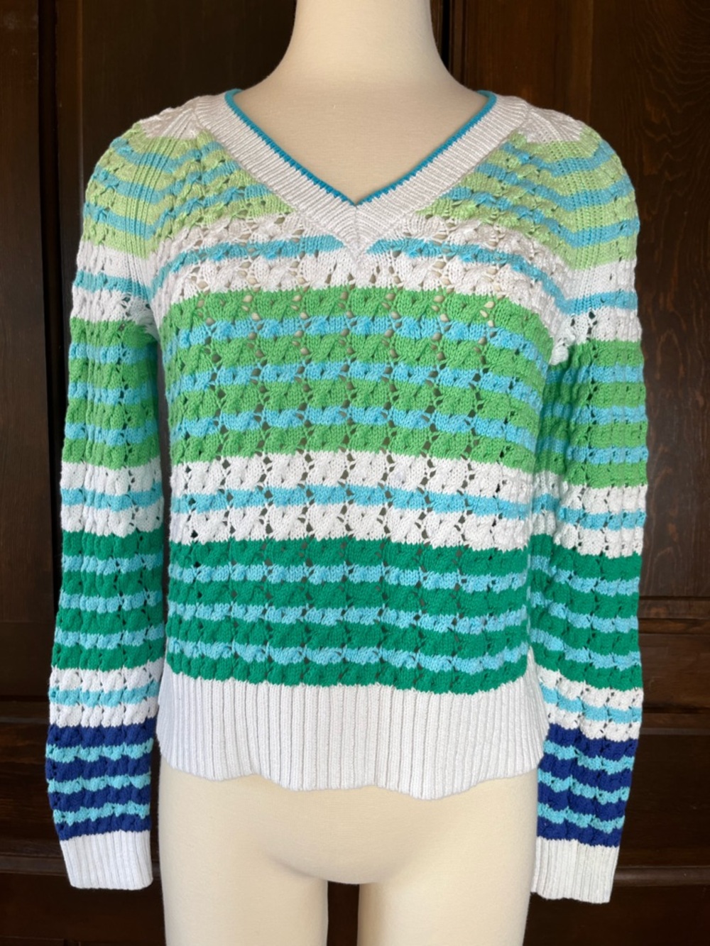 Talbots Open Stitch V-Neck Sweater Stripe Cotton Women's Petite M Spring Summer